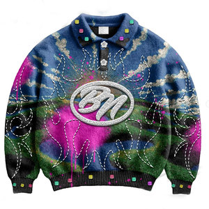 Suéter Personalizado para Hombre con Cuello Camisero, Estampado Digital Completo, Bordado 3D, Parche de Chenilla, Botones, Corte Recortado, Pedrería y Mohair - Product Image 1