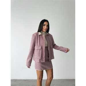 เสื้อแจ็คเก็ตสั้นซิปสำหรับผู้หญิง ลายก้างปลา สีชมพูกุหลาบ - Product Image 4