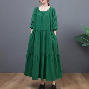 <span class=keywords><strong>Robe</strong></span> décontractée en coton lin vert uni pour femmes hiver automne Maxi avec col rond manches longues bouffantes ceinture poches-mode respirante - Product Image 2