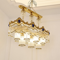 Lustre rectangulaire en cristal de luxe européen avec cadre en métal doré et pierres bleues, source de lumière LED 2700K pour salle à manger, villa