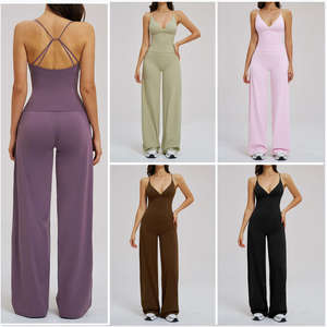 Yoga-Hersteller Fitnesskleidung mit Eigenem Logo Yoga-Sets für Große Frauen Tiefer V-Ausschnitt Tanktop 2-teiliges Yoga-Gym-Set mit Weiten Hosen - Product Image 4