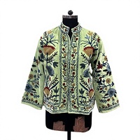 Jaket Varsity Rajasthani Bunga-bunga Beludru Buatan Tangan Hijau Mint Bordir Aari Artisan Bernapas Nyaman untuk Musim Dingin, Semi, dan Gugur Berbahan Katun