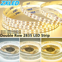 Bande LED flexible DC12V/24V 240 LED/M double rangée SMD 2835, PCB 10MM, découpable, lumière chaude/neutre/blanche, pour décoration