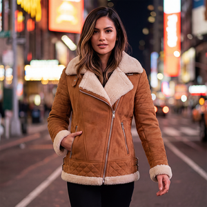 <span class=keywords><strong>Chaqueta</strong></span> de Motociclista Elegante para Mujer, Diseño OEM ODM, en Ante Sintético con Cuello de Borrego, Mangas Acolchadas, Abrigo Cálido para Invierno - Product Image 1