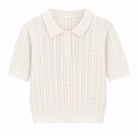 Polo de punto calado para mujer, manga corta, suéter de verano con solapa corta, top de ganchillo al por mayor