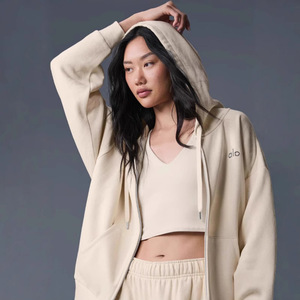 Felpa con Cappuccio Stile Americano Autunno Inverno, Pesante con Stampa Lettering, Foderata in Pile, Casual con Zip, Cappotto Oversize Unisex - Product Image 5