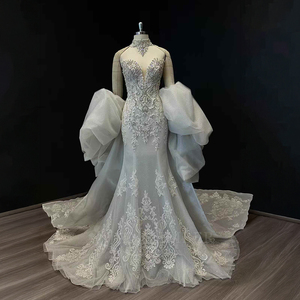 Vestido de Novia Moderno y Elegante Nt01, Estilo Princesa, con Mangas Abullonadas, Encaje, Pedrería, Cola de Capilla, Espalda Descubierta, de Lujo - Product Image 3