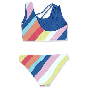 Strip Impressão Em Torno Do Pescoço Assimétrico 2 Peça Menina Biquíni Respirável Um Ombro Swimwear Beachwear Fabricante