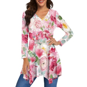 Tunica Hawaiana Floreale Stampata <span class=keywords><strong>Taglie</strong></span> Forti da Donna, Top e Camicette a Maniche 3/4, Camicie con Scollo a V, T-shirt Basica Larga, Vestito Camicia Irregolare - Product Image 1