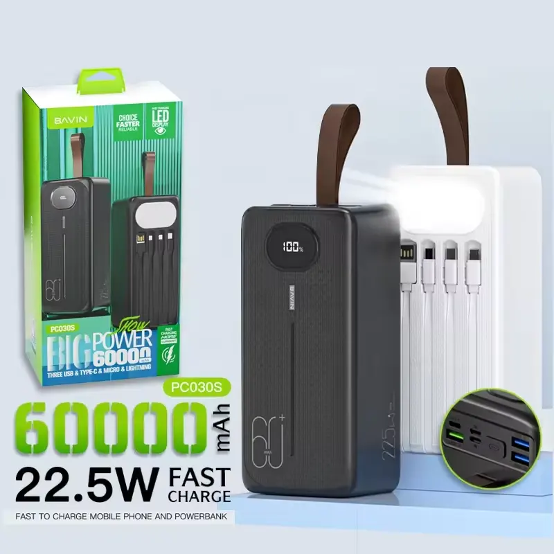 BAVIN Großhandels preis Benutzer definierte tragbare LED-Anzeige mit großer Kapazität 60000mAh Power Bank mit Taschenlampe und 4 Ladekabeln