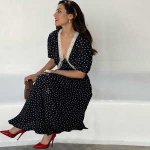 Vestido Maxi Boho con Cuello en V Profundo, Estampado de Puntos, Manga Corta, Silueta en A, Vestido Casual de Verano con Diseño de Ribete en Contraste - Product Image 3