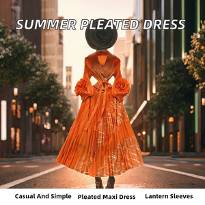 Robe longue plissée décontractée à col rabattu pour femme, manches lanternes, taille empire, dentelle 3D – Collection Automne 2025 - Product Image 3