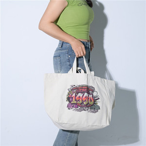 Women's Medium Oversize <b>Weekend</b> Canvas Cotton Shopping Tote <b>Bag</b> Custom <b>Black</b> Logo Fashionable Letter Pattern Eco-Friendly Zipper - Product Image 2