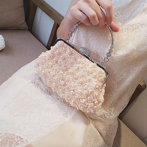 Pearl Flower Silk Handbag Women's Evening <b>Clutches</b> Bag Bridal <b>Wedding</b> Purse Party Prom Glitter Bling Rhinestone Metal Frame Bag - Product Image 5