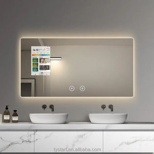 Miroir de salle de bain rectangulaire intelligent moderne avec écran tactile LED, haut-parleur Bluetooth, WiFi, étanche IP65, design graphique - Product Image 1