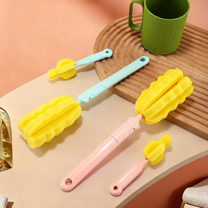 Ensemble de brosses à biberons avec tête en éponge détachable, manche long, nettoyeur de tétines, couleur rose et verte, matériau PP - Product Image 2