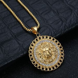 Yunnique – collier avec pendentif tête de Lion plaqué or en acier inoxydable, avec strass, bijoux de fête pour hommes - Product Image 2