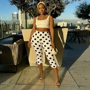 <span class=keywords><strong>Pantalon</strong></span> Capri moulant pour <span class=keywords><strong>femme</strong></span> à imprimé pois, avec cordon de serrage et patchwork - Product Image 3