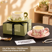 Ensemble tasse et soucoupe à café en céramique à motif floral vintage, en gros, avec boîte cadeau, faible MOQ, pour cadeaux de fêtes