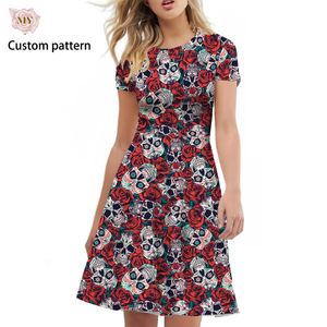 Yeni Pastoral tarzı kafatası baskılı Buttery yumuşak Polyester Spandex elbise rahat yuvarlak boyun kısa kollu artı boyutu kadın elbiseleri - Product Image 3