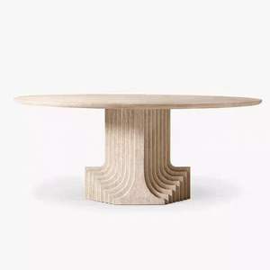 Mesa de Comedor Redonda de Travertino Beige con Pedestal, Diseño Decorativo de Piedra, Estilo Vintage Carlo Scarpa - Product Image 1