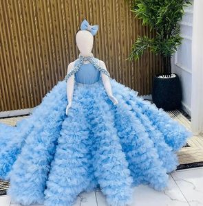 Düğün için özelleştirilmiş Mavi Çiçek Kız Elbisesi Katmanlı Kat Uzunluk Boncuk Lüks Çocuklar Pageant Doğum Günü Partisi Örgün Balo Elbisesi - Product Image 2