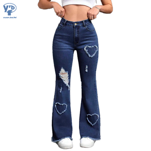 YUANBOFEI Nouvelle Collection <span class=keywords><strong>Jean</strong></span> Évasé en Denim de Haute Qualité pour <span class=keywords><strong>Femme</strong></span>, Style Vintage Délavé, Effet Délavé, Ourlet <span class=keywords><strong>Brut</strong></span> et Découpes Cœur - Product Image 1