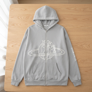 Sudadera con capucha informal con cremallera y estampado de planetas Broken Tunnel para hombre, gris, de corte holgado - Product Image 3