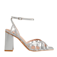 Chaussures à talons hauts pour femmes, argentées, à brides multiples, talon carré, bout ouvert, à enfiler, antidérapantes, pour l'été et l'extérieur, vente en gros