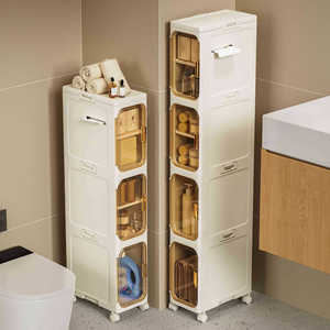 Plastic Storage Cabinet With Wheels For Bathroom Multi Functional Dustproof Organizer Rectangular Standing Type - Product Image 1