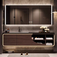 Meuble-lavabo mural de luxe de style chinois moderne avec vasque flottante, plateau en bois massif et meuble miroir LED intelligent
