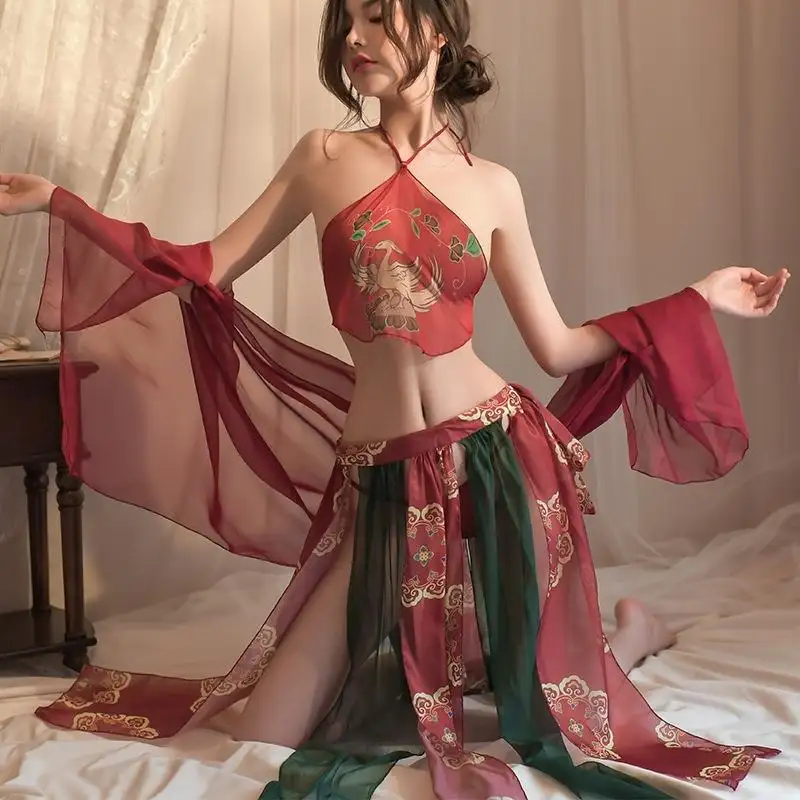 Hot China-Chic Sexy Sling Mujeres Lencería Ropa de dormir Atractivo Sexy Encaje transparente Ropa para el hogar Hanfu Pijamas