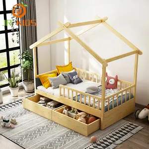 カスタムモンテッソーリ木製フレームデザインセット小さな子供用寝室用家具収納引き出しハウスダブルキッズベッド子供用