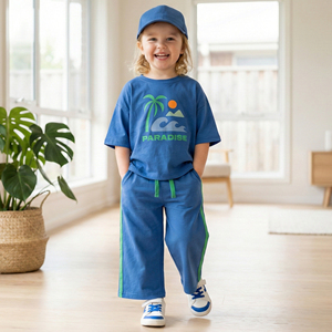 Set di Abbigliamento Estivo per Bambine in Cotone Biologico, Due Pezzi con Stampa Palme, Top con Spalle Scoperte e Pantaloni a Gamba Larga - Product Image 3