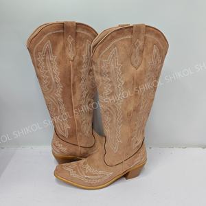 أحذية عالية للركبة من SHIKOL أحذية نسائية كلاسيكية مطرزة أحذية غربية بني من الجلد الأبيض لحفلات الزفاف في الهواء الطلق أحذية رعاة البقر للنساء - Product Image 4