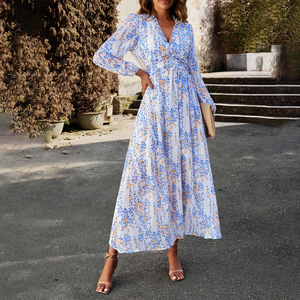 Abiti da ragazza con scollo a v a manica lunga stampati moda autunno abito Swing elegante Chiffon abiti da donna - Product Image 3
