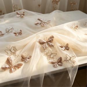 Tissu <span class=keywords><strong>en</strong></span> tulle à sequins papillon 3D dégradé champagne A029, tissu brodé <span class=keywords><strong>en</strong></span> filet pour robe de mariée et abaya du Moyen-Orient - Product Image 4