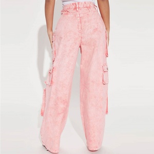 Pantalones Jogger Cargo de Algodón Ligero de Cintura Alta para Mujer, Estilo Urbano, con Logotipo Bordado Personalizado, Frente Plano, Teñido Liso para Otoño - Product Image 3