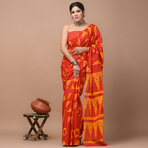 Sari de Algodón Mulmul Estampado con Blusa a Juego, Sari de Algodón Mulmul Ligero y Elegante - Cómodo para Uso Diario - Product Image 1