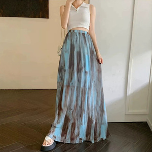 Tie-Dye Pleated Midi Skirt Women Chiffon A-Line Flowing Regular Waist Black Lined Summer Style - Product Image 3