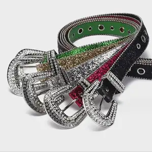 Sabuk kulit bertatahkan berlian kristal Bling antik sabuk berlian imitasi Cowgirl Barat sabuk berlian imitasi Bling