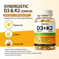 Complément alimentaire personnalisé en gélules molles d'huile de coco 2-en-1 Vitamine D3 K2, 120 unités, favorise la santé des os, du cœur et du système immunitaire