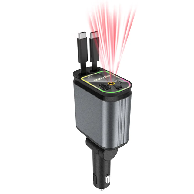 69W Super Fast Car Charger 2 Retractable Cables USB C Lightning Starlight Projector RGB Light Car Charger
