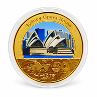 Pièce de monnaie 2026 de l'Opéra de Sydney, ensemble vue cinq angles, impression couleur sur fer plaqué or avec étui