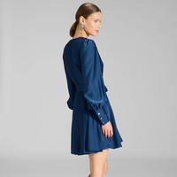 Robe Courte Décontractée pour Femme, Col en V, Manches Longues Lanterne, en Satin Bleu Marine Uni avec Ceinture à Nouer, Vente en Gros Personnalisée