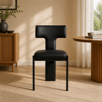 Chaise de salle à manger moderne et écologique en cuir noir rembourré avec dossier en forme de T et pieds en métal