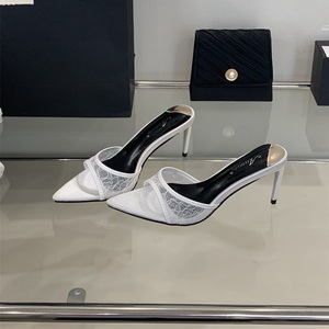 2025 Lace <b>White</b> <b>Heels</b> Hollow Mesh Sexy Feminine Sandals Summer Women's Wedding Shoes Slippers - Product Image 1