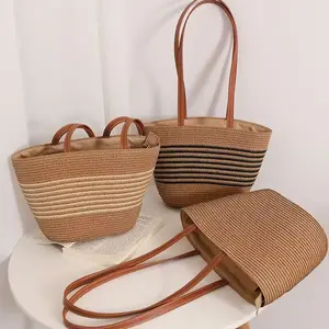 Ready To Ship Designer Straw Bags New Luxury Handmade Beach Summer Women Bag Stripe Design Shoulder Bag