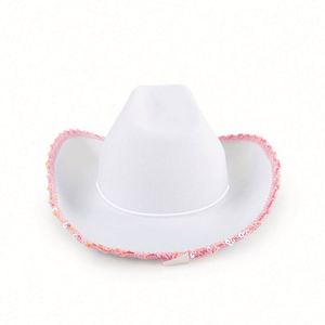 Chapeau de cowboy blanc avec étoile à paillettes roses, cordon de serrage réglable, unisexe, quatre saisons, logo personnalisé, accessoires de costume de fête - Product Image 6