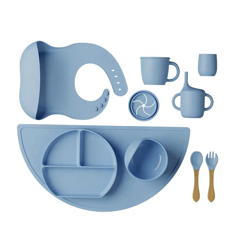 Baby Silikon platte Set Schnecke scharfe Schüssel Lätzchen Tasse Matte Gabel und Löffel